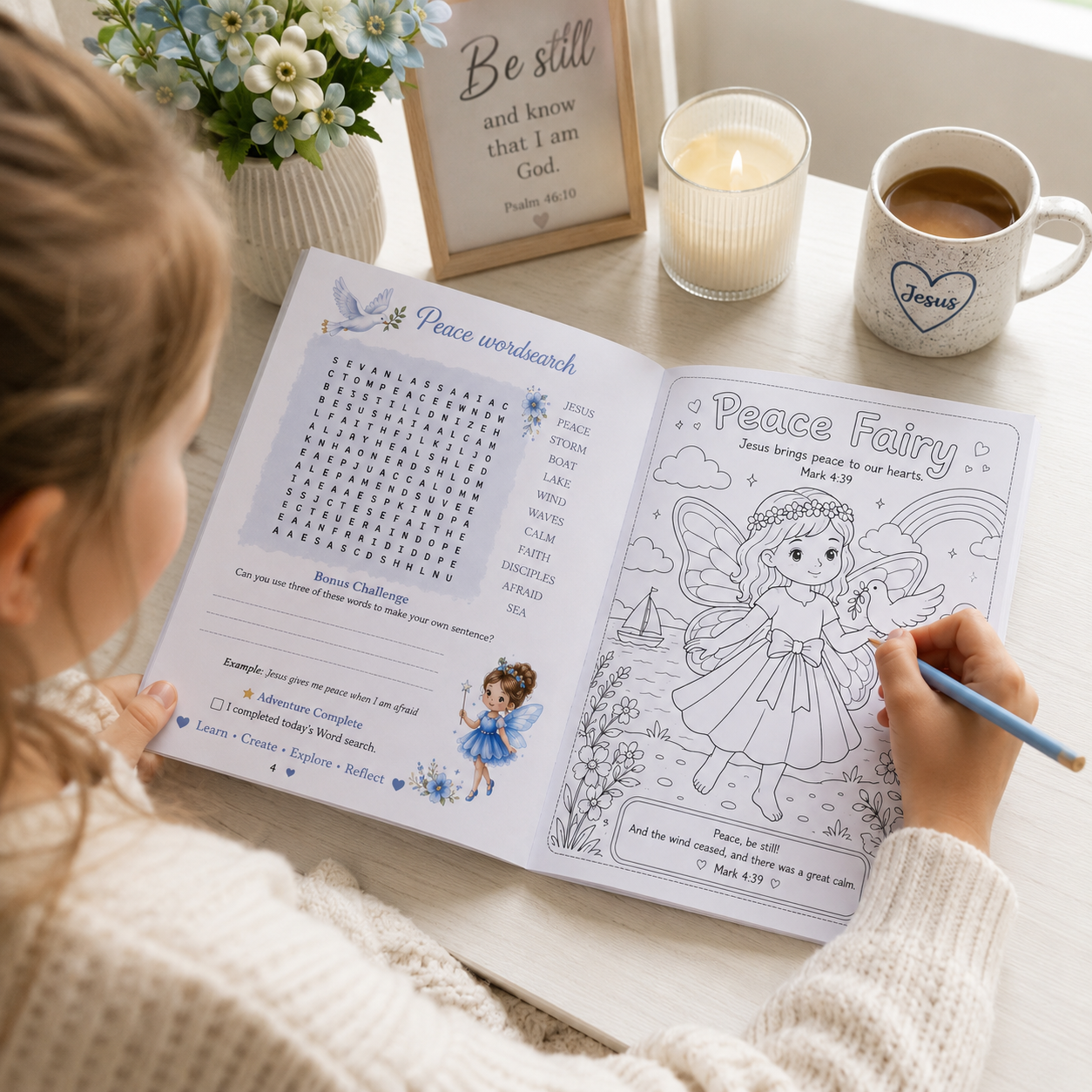 Child exploring the Peace Faith Fairy adventure workbook with Christian activities, colouring pages and Bible-based learning.