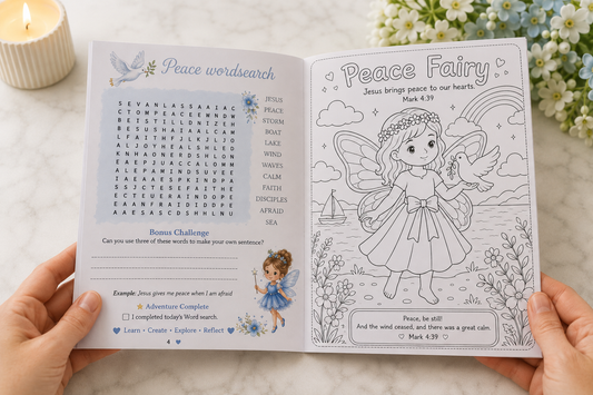 Peace Faith Fairy workbook pages featuring a word search and colouring activity for Christian children.