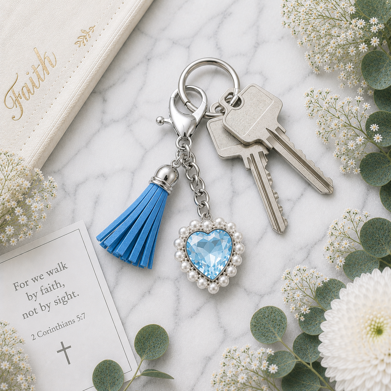 Light blue heart keyring, Peace christian gift, on keys