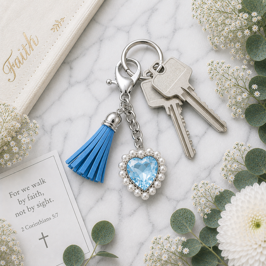 Light blue heart keyring, Peace christian gift, on keys