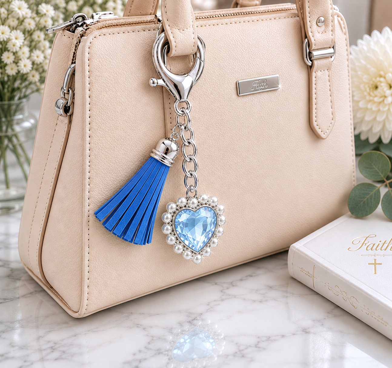 Peace Heart Faith Inspiration Keyring on handbag