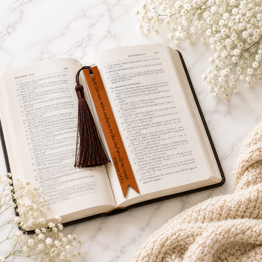 Perseverance Faux Leather Christian Bookmark | Matthew 24:13 Scripture Bookmark