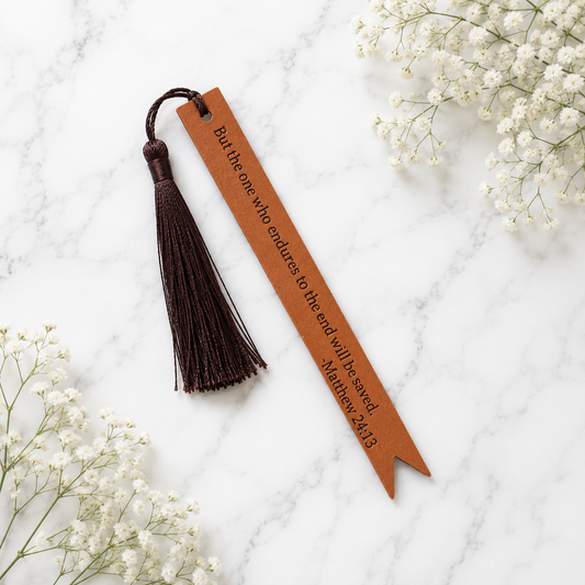 Perseverance Faux Leather Christian Bookmark | Matthew 24:13 Scripture Bookmark