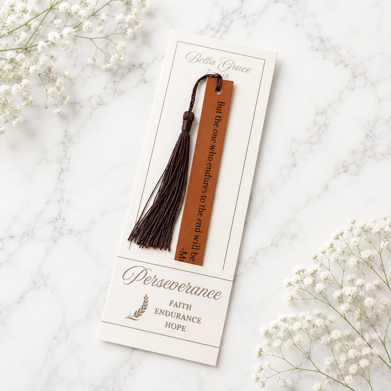 Perseverance Faux Leather Christian Bookmark | Matthew 24:13 Scripture Bookmark