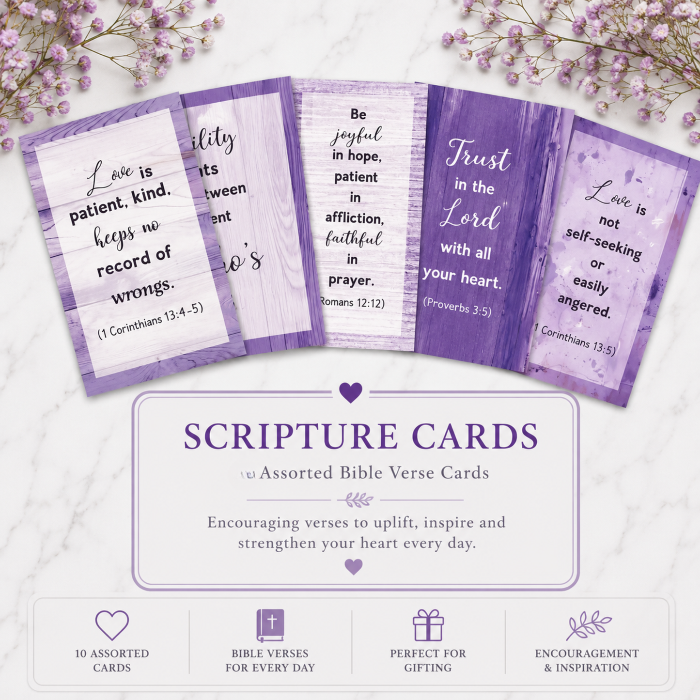 Set of purple Scripture cards with Bible verses on a white background with purple flowers.