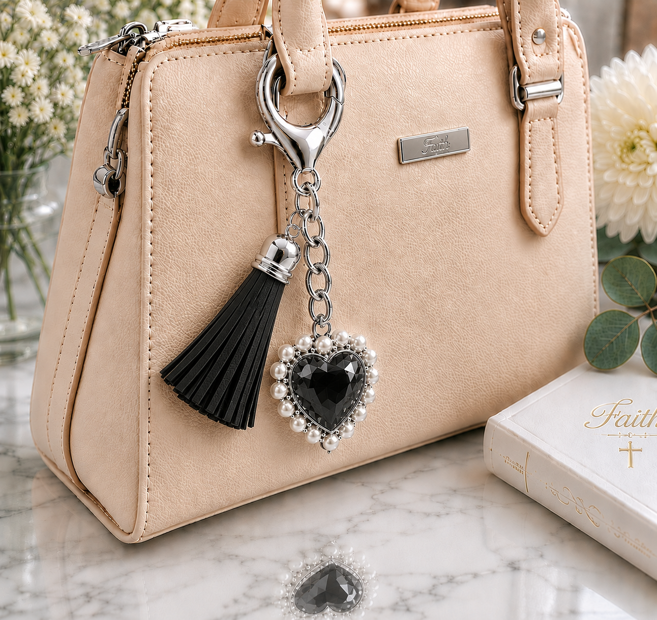 black heart keyring with black tassel on a large silver lobster clasp, Perfect scripture gift for christian women