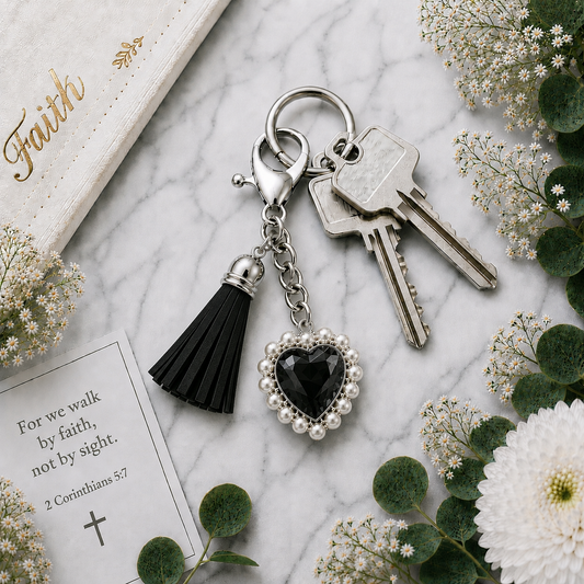 Black heart keyring on a large silver lobster clasp with matching tassel, christian gift strength scripture gift
