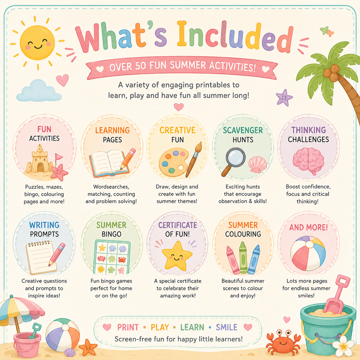 Summer filled activity book filled with Fun, Learning, Creative Fun, Scavenger Hunts and more