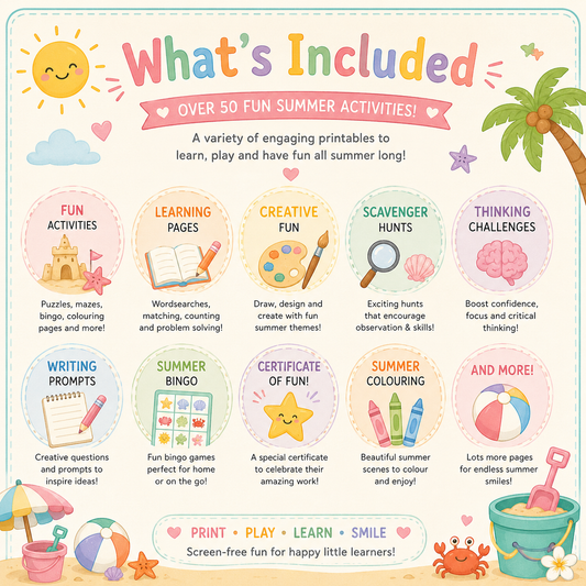 Summer filled activity book filled with Fun, Learning, Creative Fun, Scavenger Hunts and more