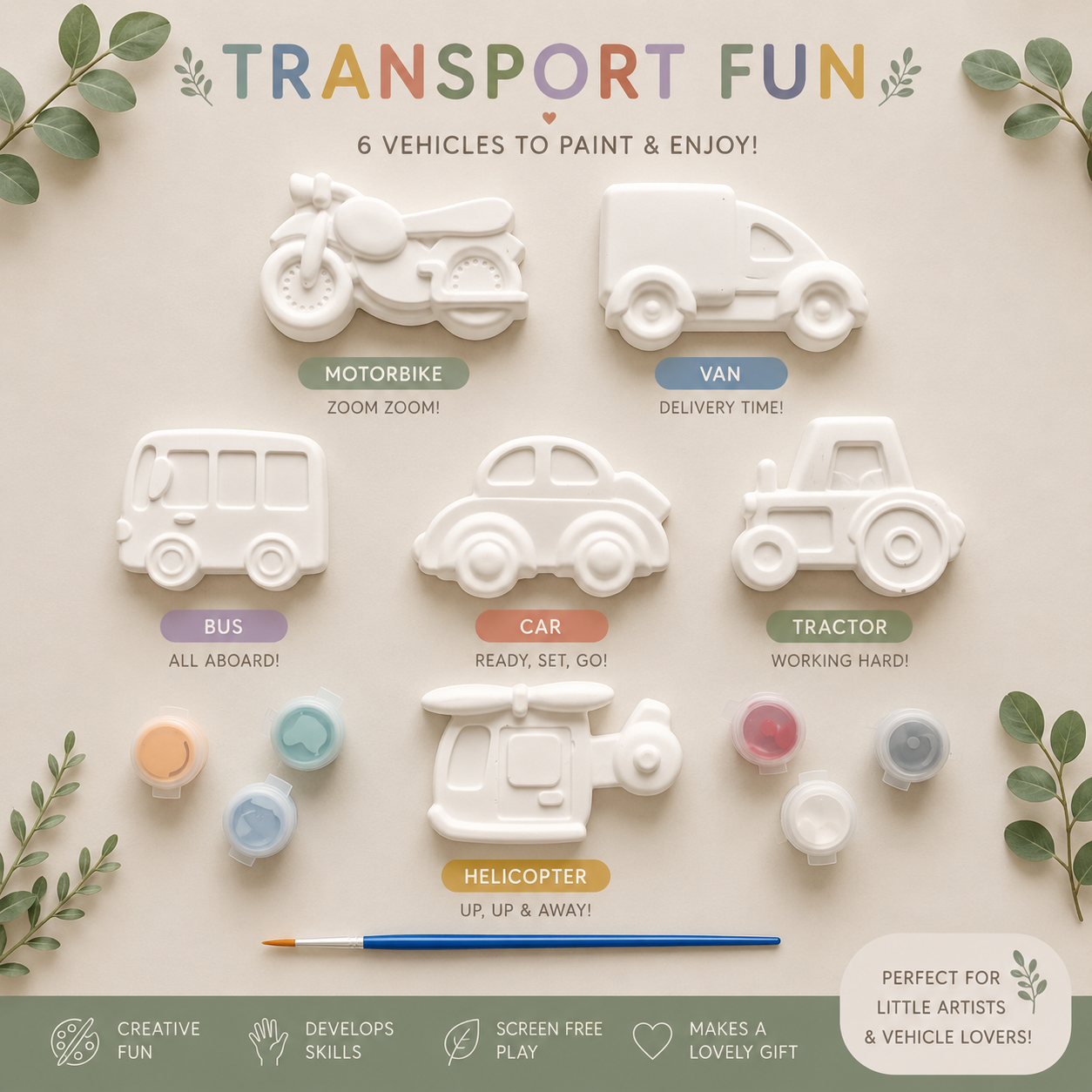 6 transport themed plaster shapes, 6 paints and a paintbrush