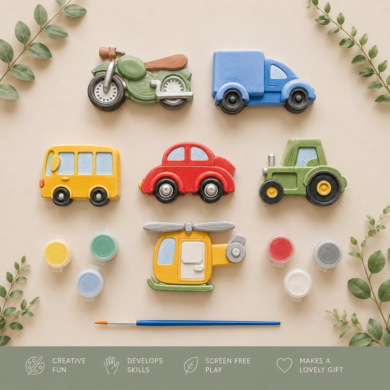 transport themed plaster shapes painted with various paint colours from our paint kit