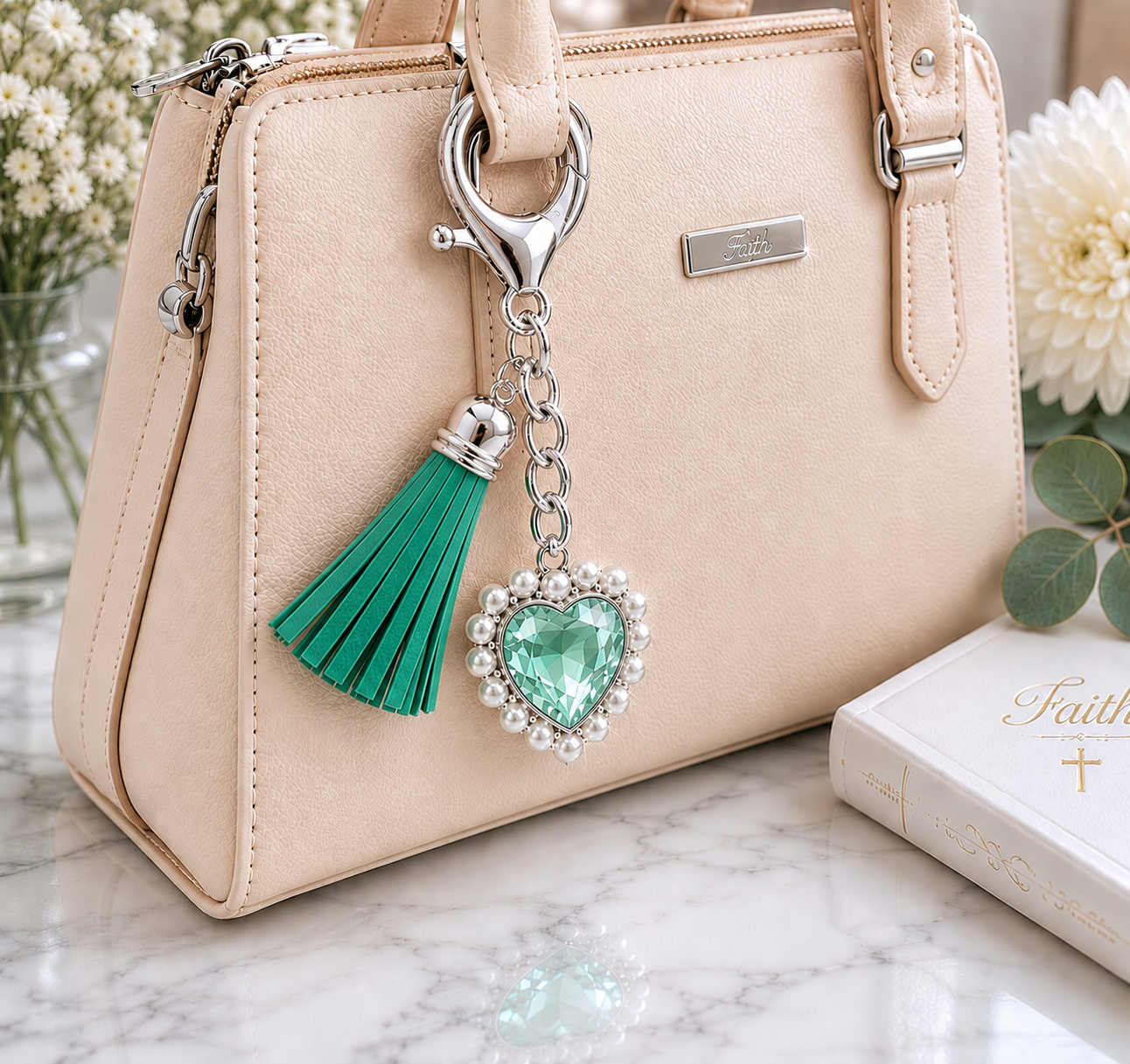 Green heart keyring with tassel, Trust Scripture inpsired Christian gift
