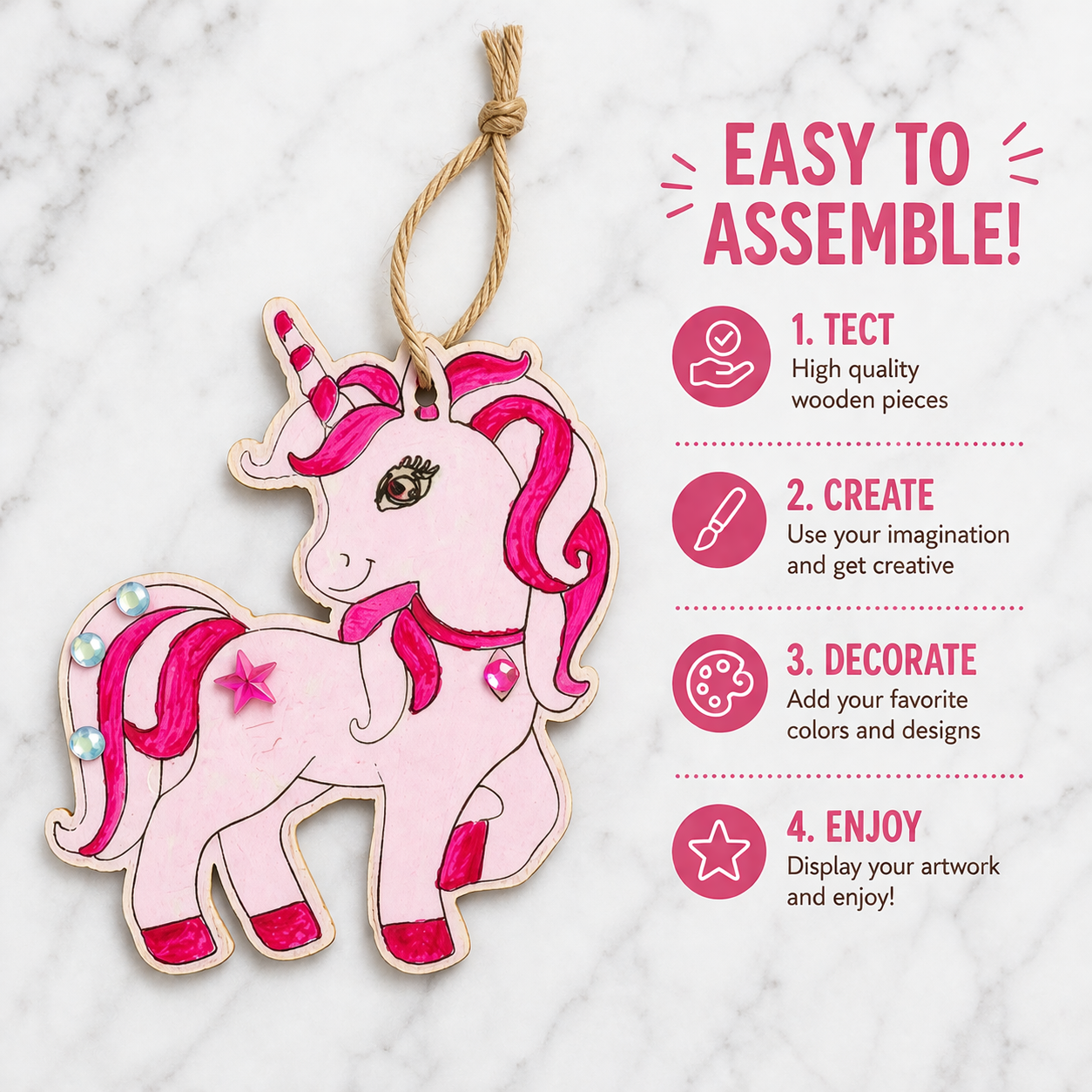 painted wooden unicorn for create and enjoy ornamnet