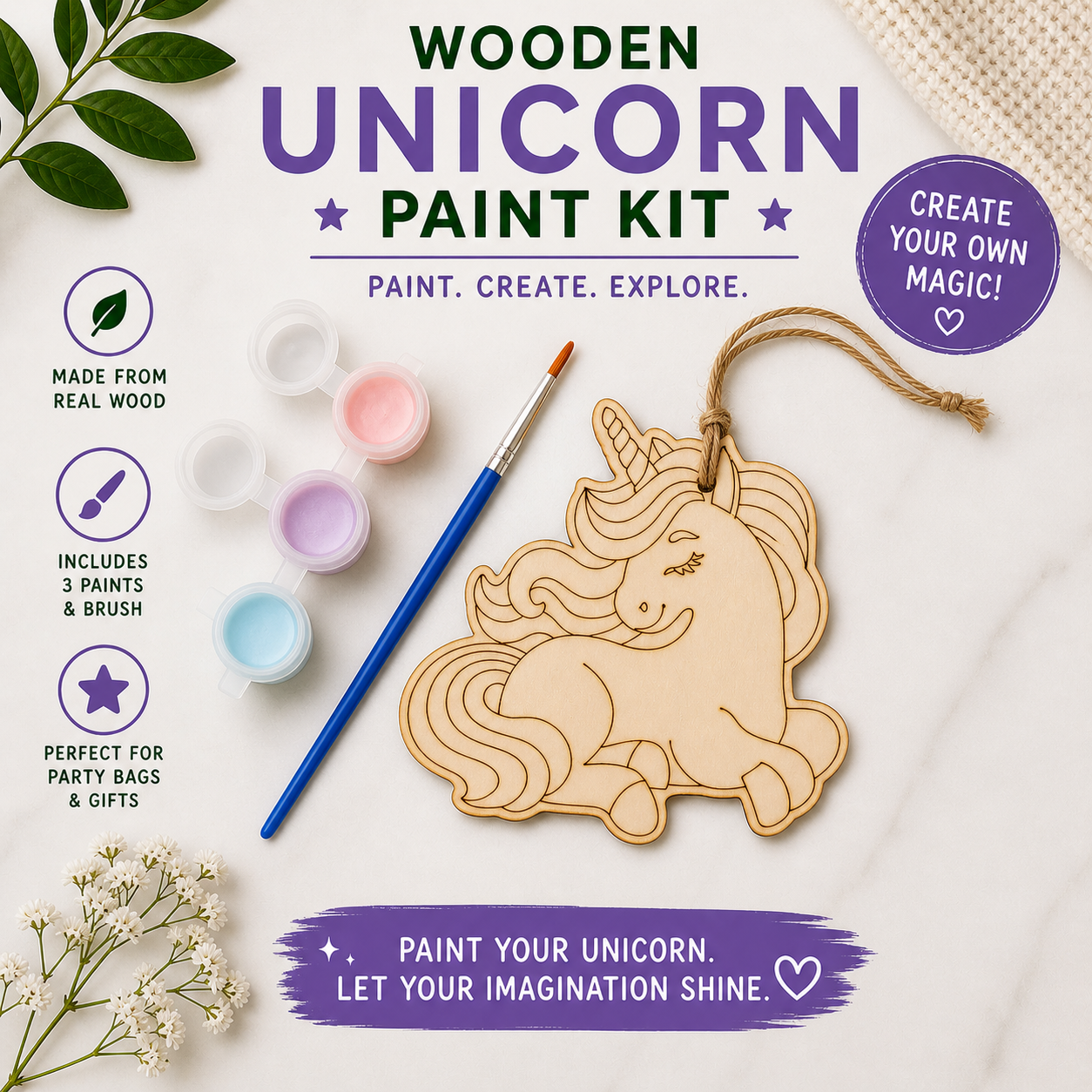 unicorn paint craft kit includes 3 paints, wooden blank, paintbrush