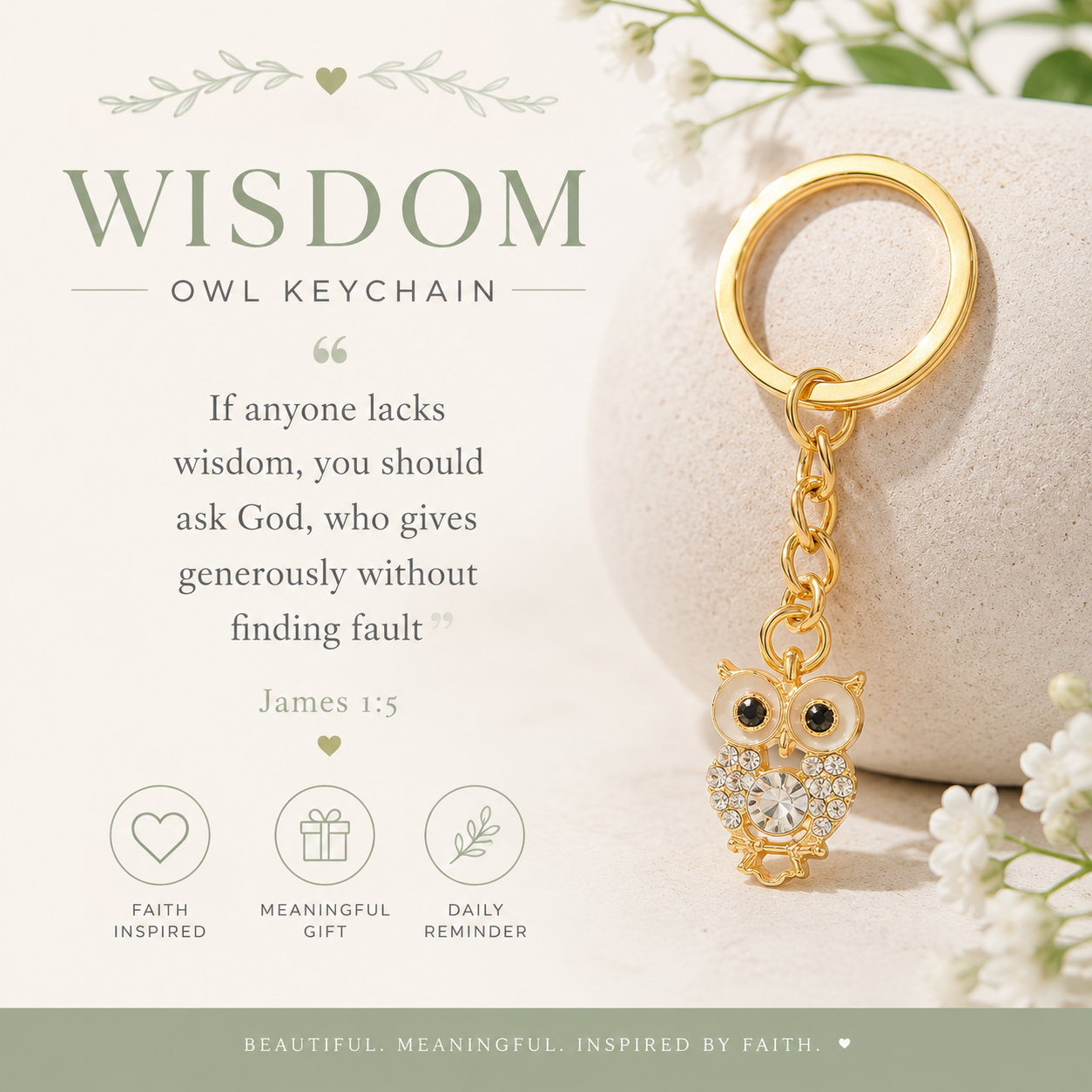 Gold owl keychain with inspirational text on a soft background James 1:5
