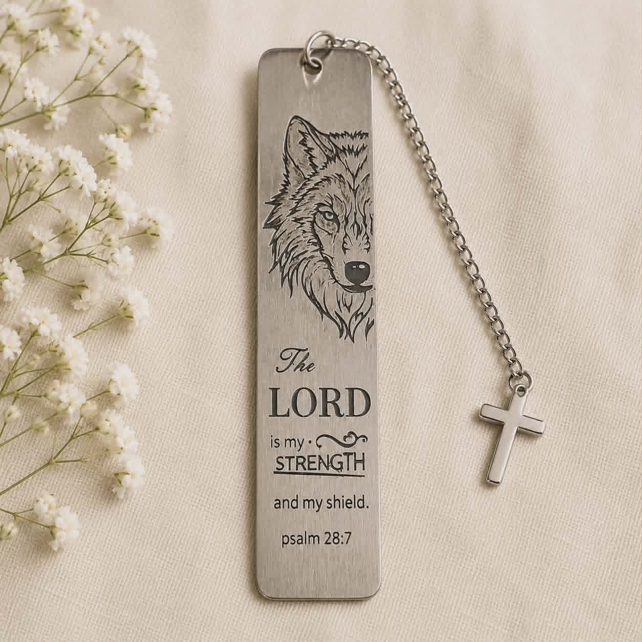 Wolf metal bookmark with Psalm 28:7