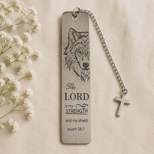 Wolf metal bookmark with Psalm 28:7