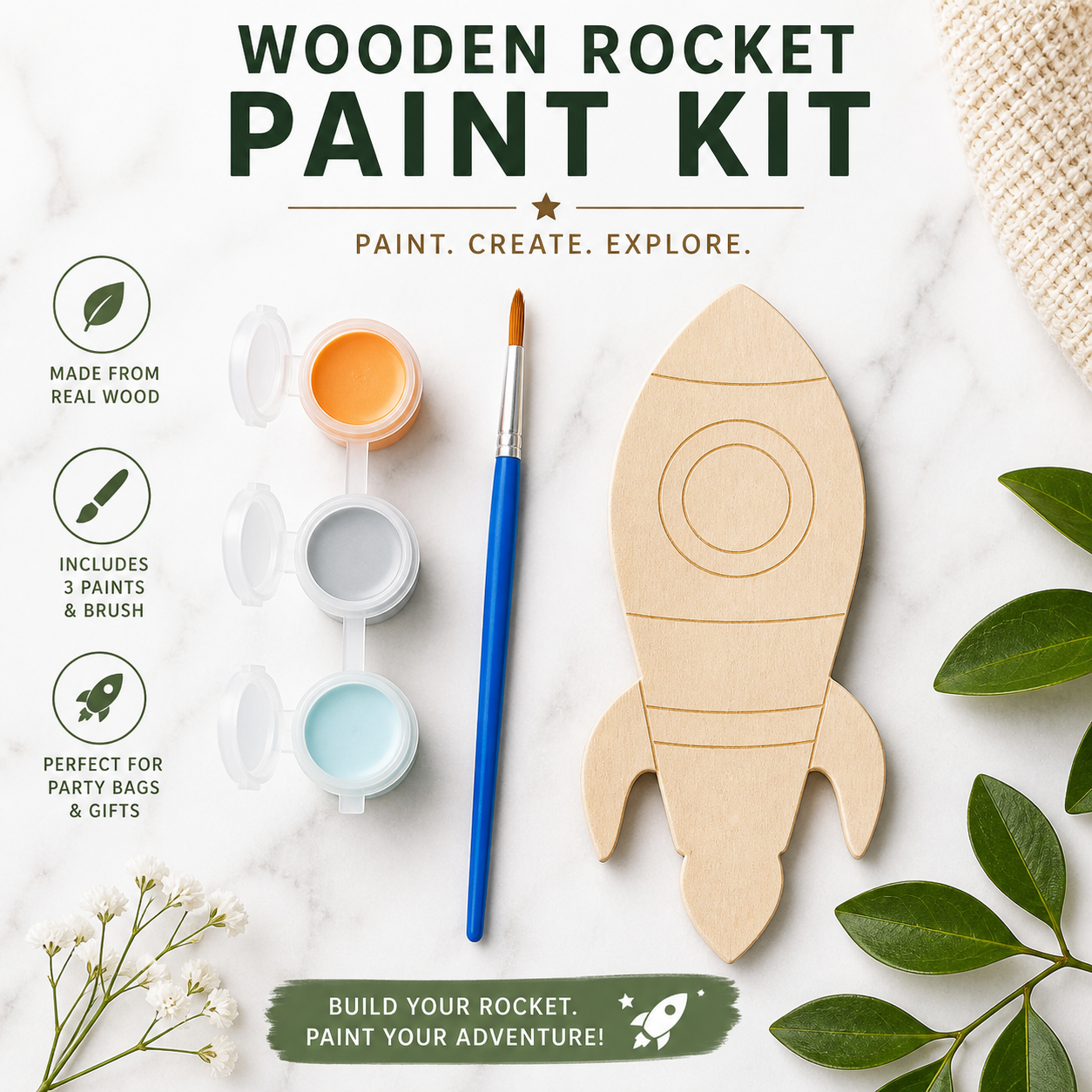 wooden rocket paint kit with wooden rocket blank, 3 paints and paintbrush