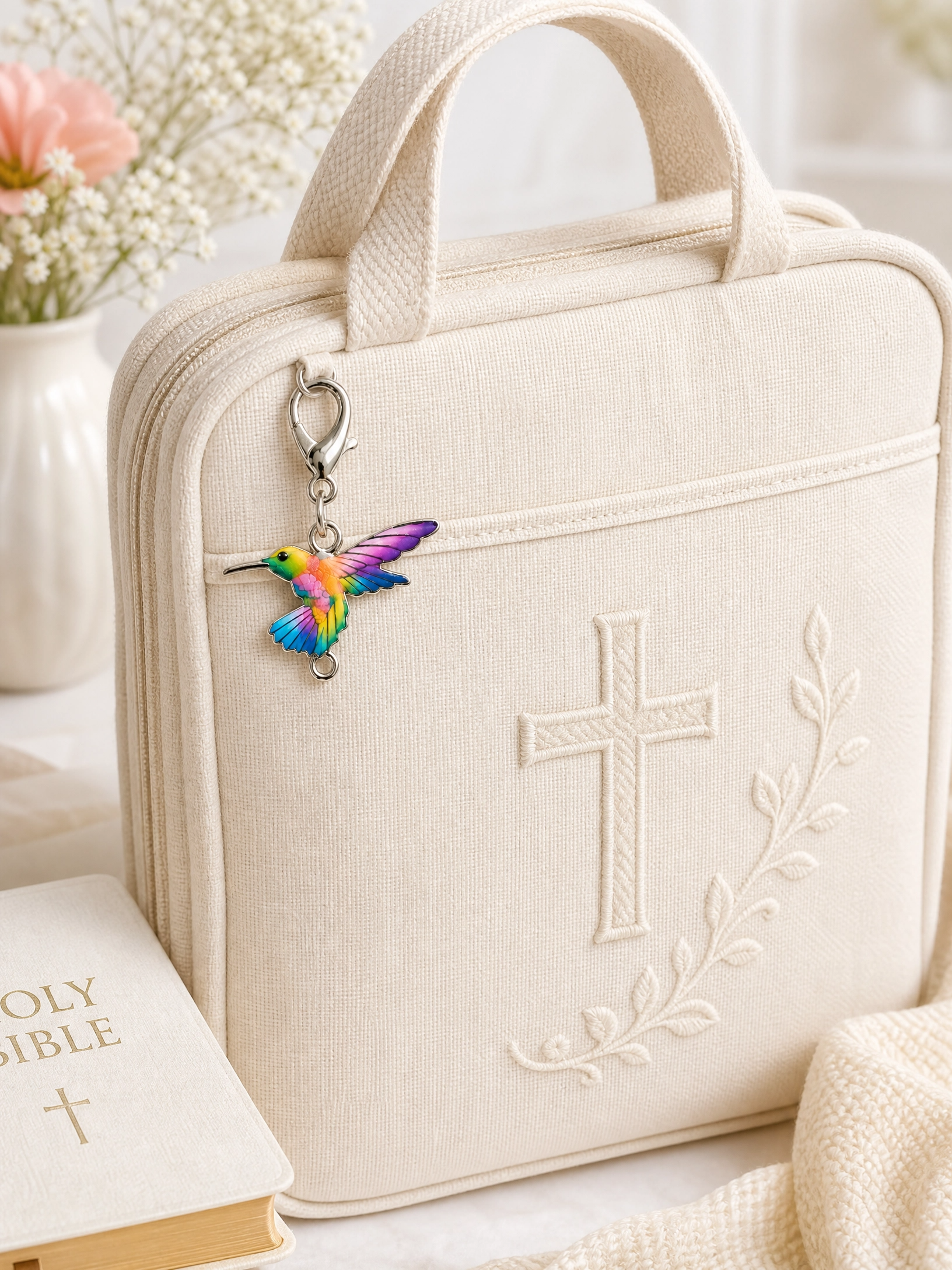 Hummingbird christian bible bag charm on Bible cover.